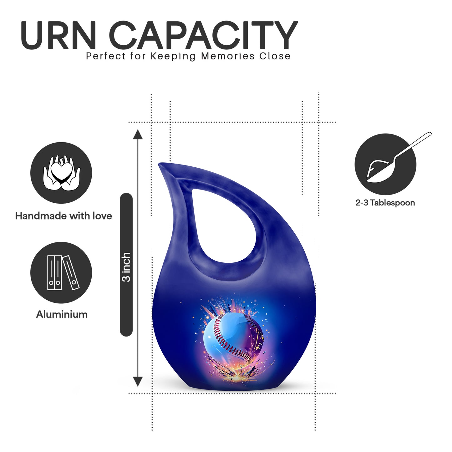 Royal Blue Baseball Cremation Urn back view with polished surface - faith-inspired cross-drop urn with baseball pattern - mini keepsake memorial for portion of cremation ashes