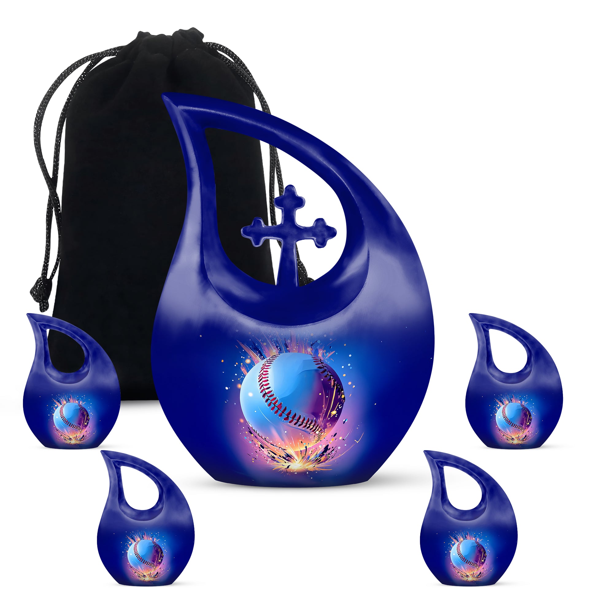 Dusty Blue Baseball Cremation Urn urn with complimentary velvet bag - sacred cross merged with baseball motif on metal - memorial set with one large and four small urns