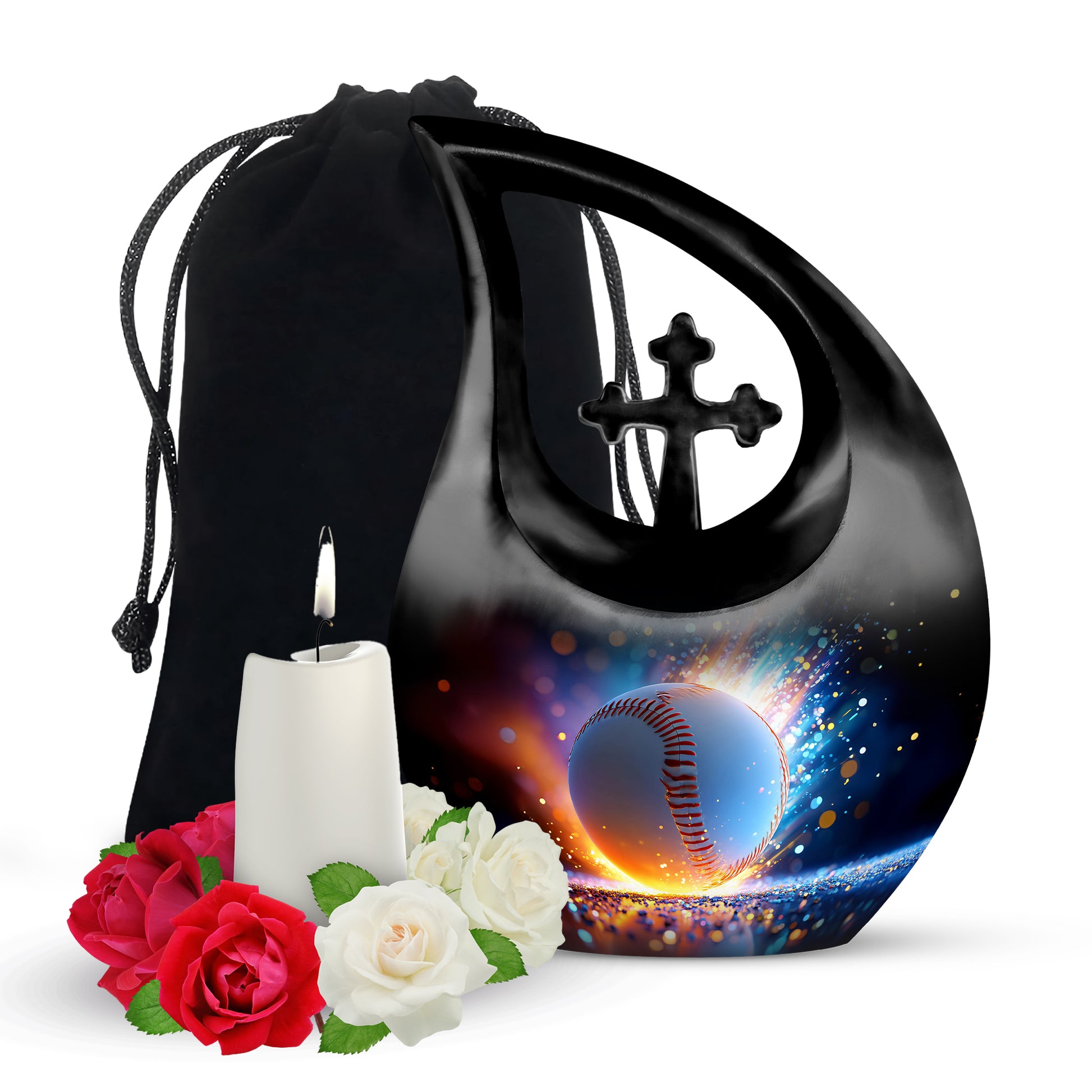 Bright Blue Baseball Cremation Urn top-down view of secure threaded lid - devotional cross-drop baseball engraving - full-size 10 inch 200 cubic inch adult cremation urn