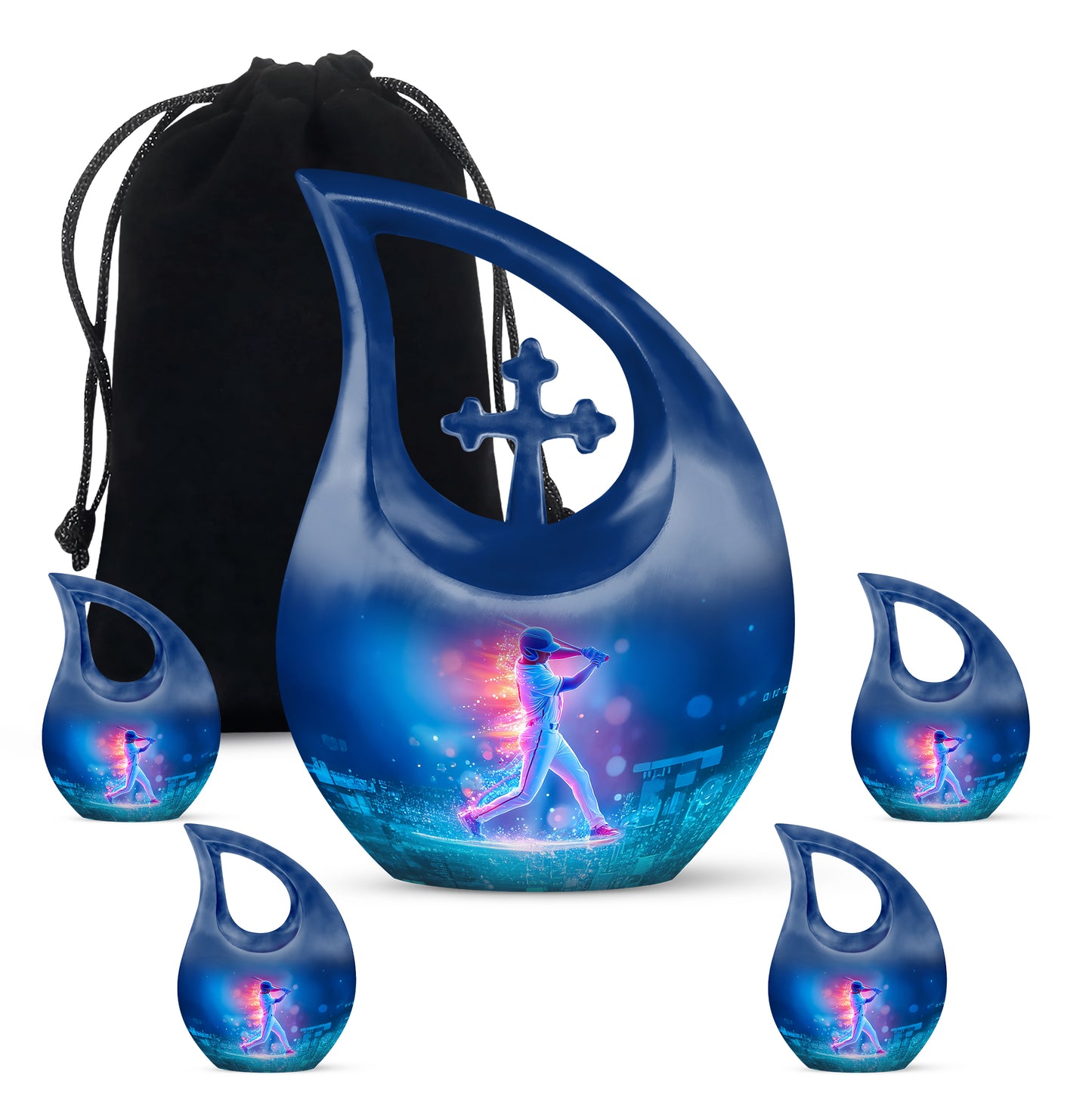 Cobalt Blue Baseball Cremation Urn urn with complimentary velvet bag - faith-inspired cross-drop urn with baseball pattern - memorial set with one large and four small urns