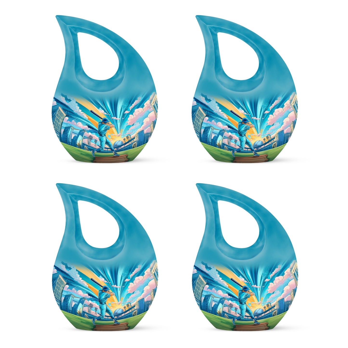 Tropical Teal Baseball Cremation Urn lifestyle display on memorial shelf - faith-inspired cross-drop urn with baseball pattern - 10 inch aluminum urn for cremated remains