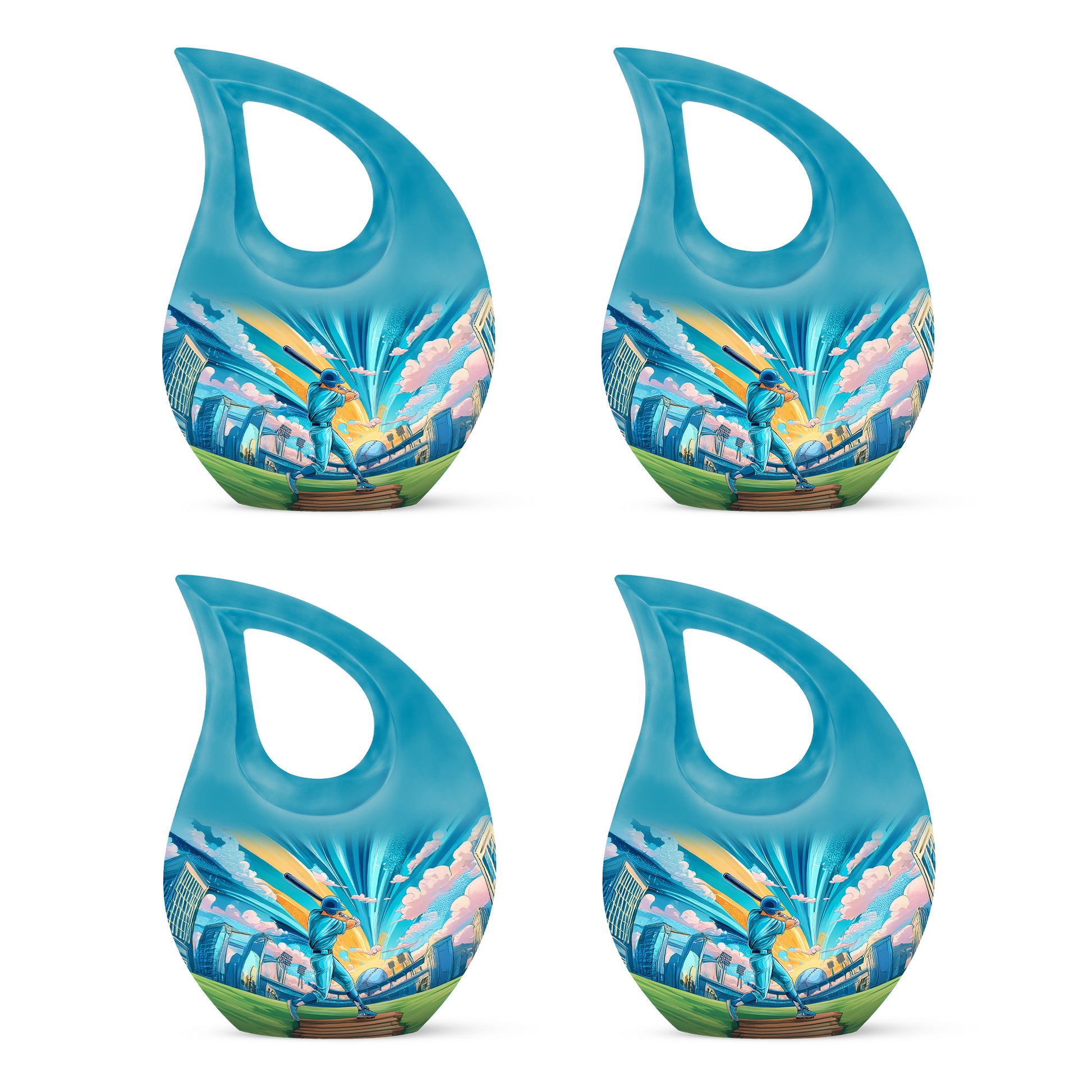 Tropical Teal Baseball Cremation Urn lifestyle display on memorial shelf - faith-inspired cross-drop urn with baseball pattern - 10 inch aluminum urn for cremated remains