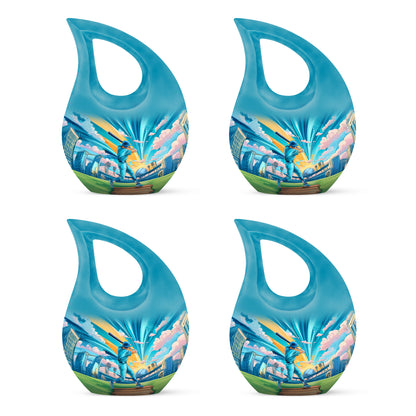 Tropical Teal Baseball Cremation Urn lifestyle display on memorial shelf - faith-inspired cross-drop urn with baseball pattern - 10 inch aluminum urn for cremated remains