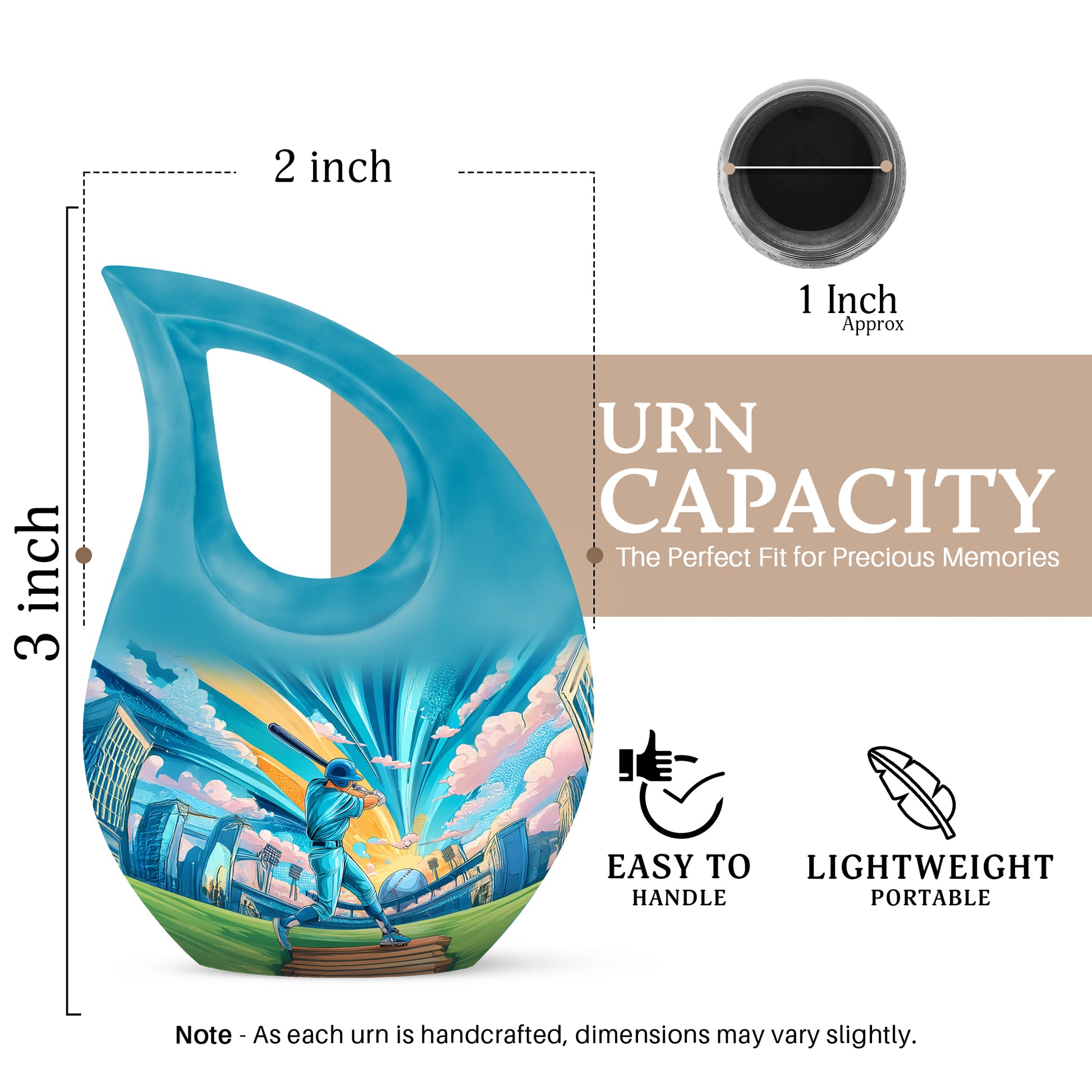 Tropical Teal Baseball Cremation Urn back view with polished surface - faith-inspired cross-drop urn with baseball pattern - mini keepsake memorial for portion of cremation ashes