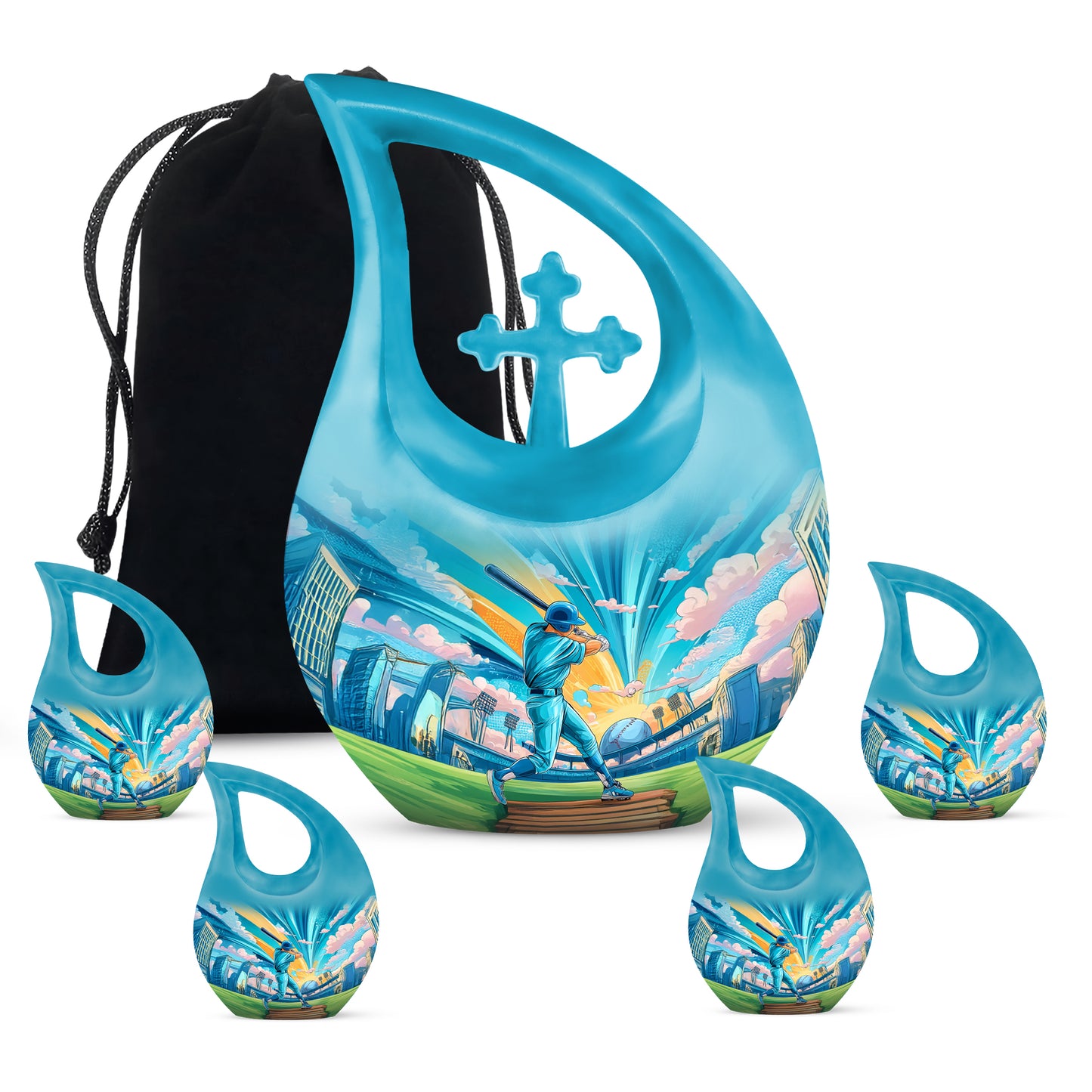 Sea Green Teal Baseball Cremation Urn urn with complimentary velvet bag - cross and baseball combined in spiritual memorial design - memorial set with one large and four small urns