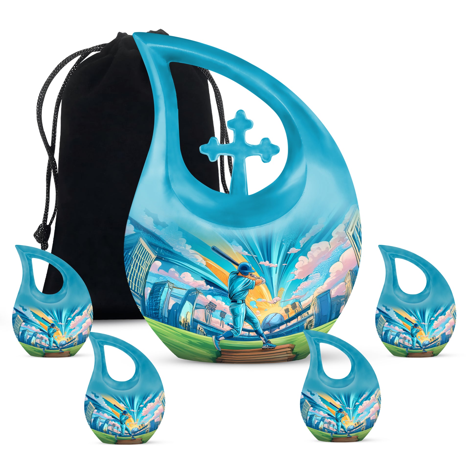 Sea Green Teal Baseball Cremation Urn urn with complimentary velvet bag - cross and baseball combined in spiritual memorial design - memorial set with one large and four small urns