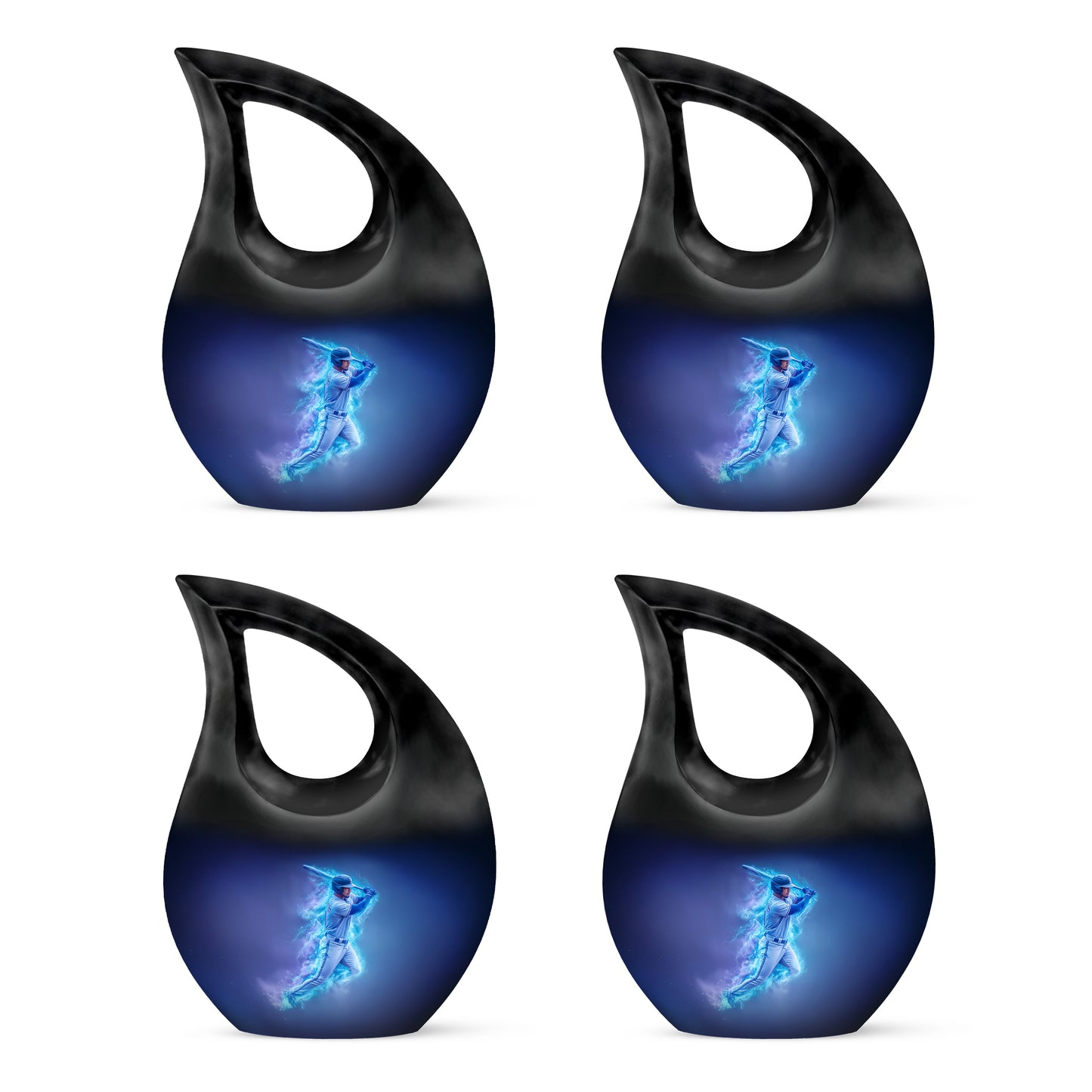 Misty Blue Baseball Cremation Urn lifestyle display on memorial shelf - sacred cross merged with baseball motif on metal - 10 inch aluminum urn for cremated remains