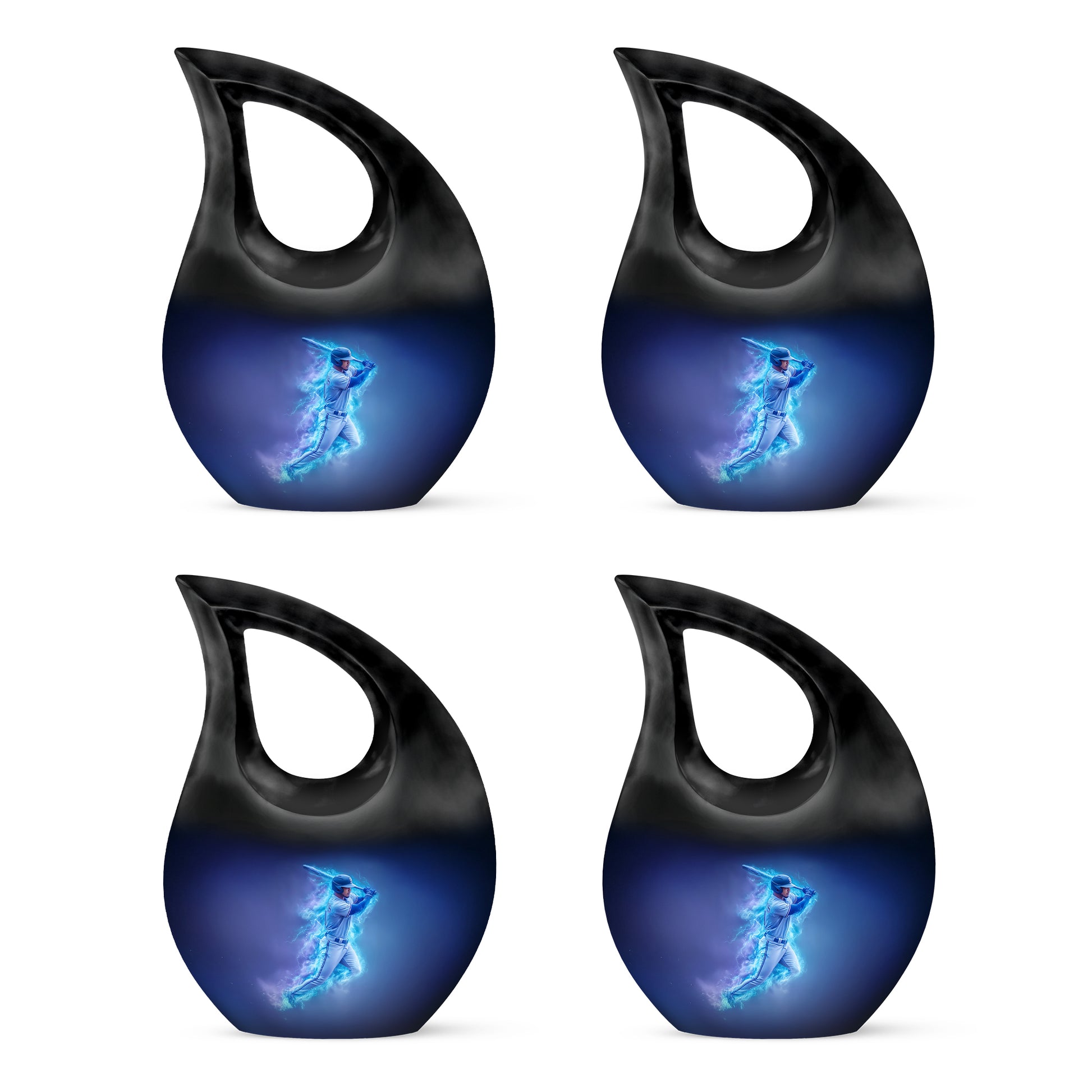 Misty Blue Baseball Cremation Urn lifestyle display on memorial shelf - sacred cross merged with baseball motif on metal - 10 inch aluminum urn for cremated remains