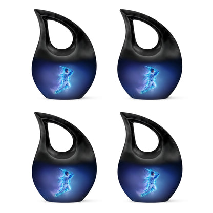 Misty Blue Baseball Cremation Urn lifestyle display on memorial shelf - sacred cross merged with baseball motif on metal - 10 inch aluminum urn for cremated remains