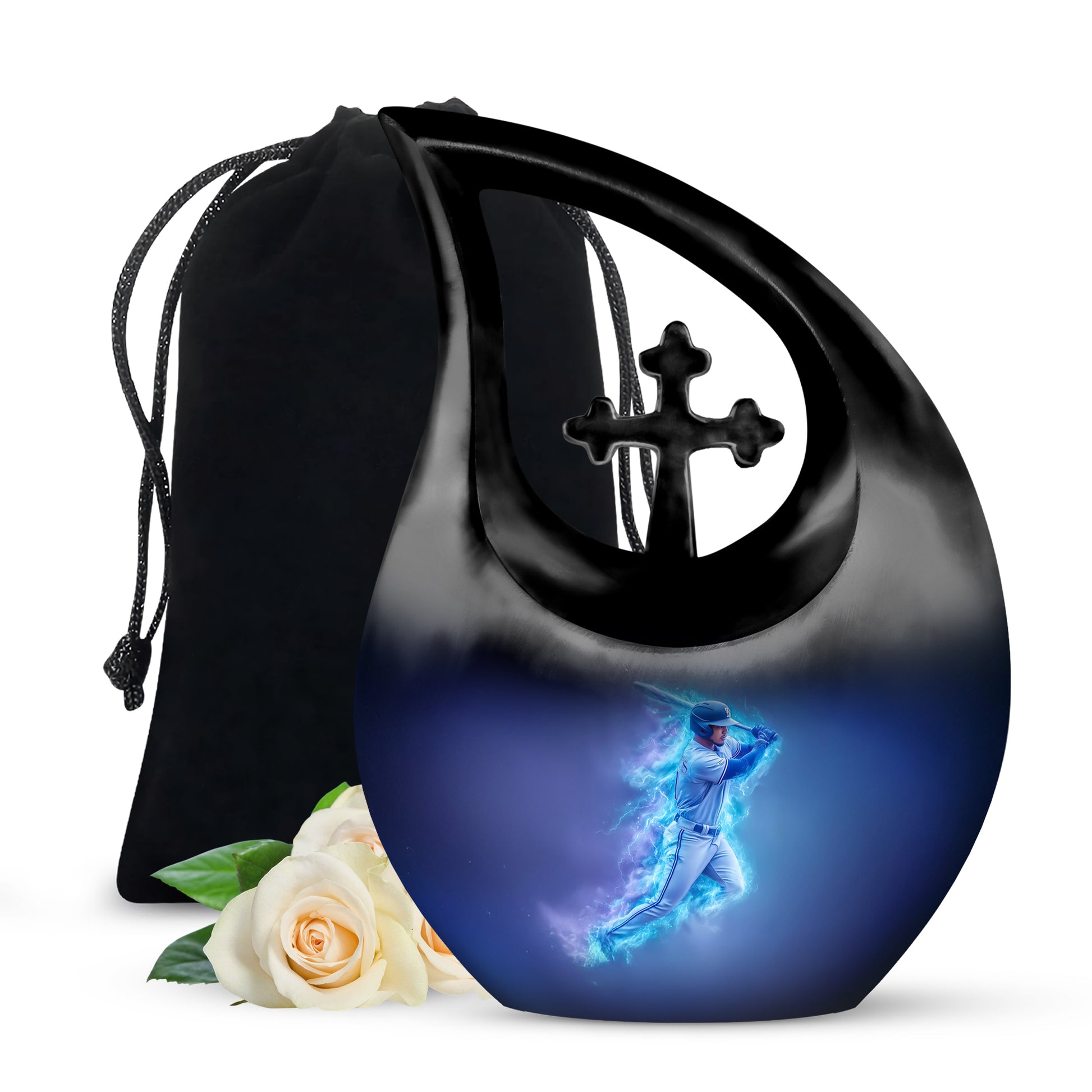 Powder Blue Baseball Cremation Urn top-down view of secure threaded lid - cross and baseball combined in spiritual memorial design - full-size 10 inch 200 cubic inch adult cremation urn