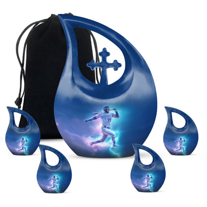 Serene Blue Baseball Cremation Urn urn with complimentary velvet bag - faith-inspired cross-drop urn with baseball pattern - memorial set with one large and four small urns