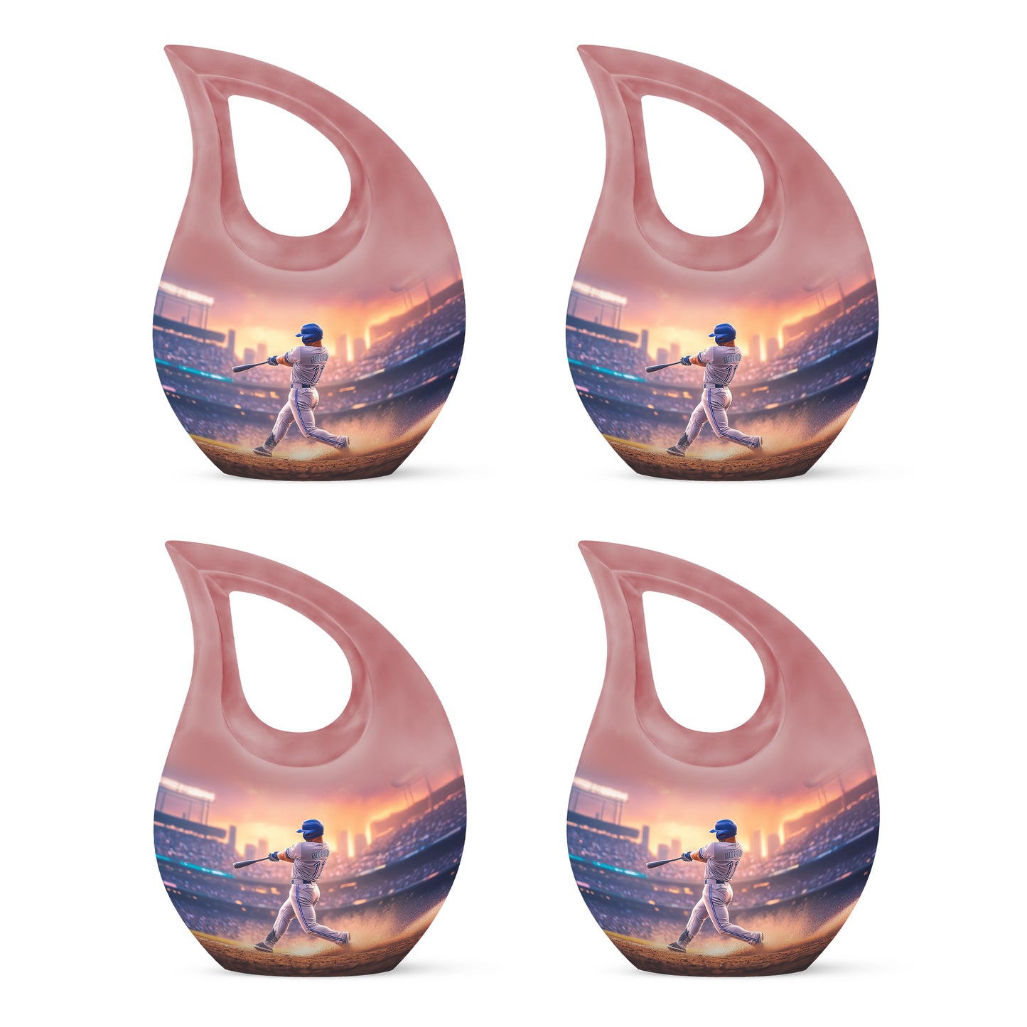Salmon Pink Baseball Cremation Urn lifestyle display on memorial shelf - faith-inspired cross-drop urn with baseball pattern - 10 inch aluminum urn for cremated remains