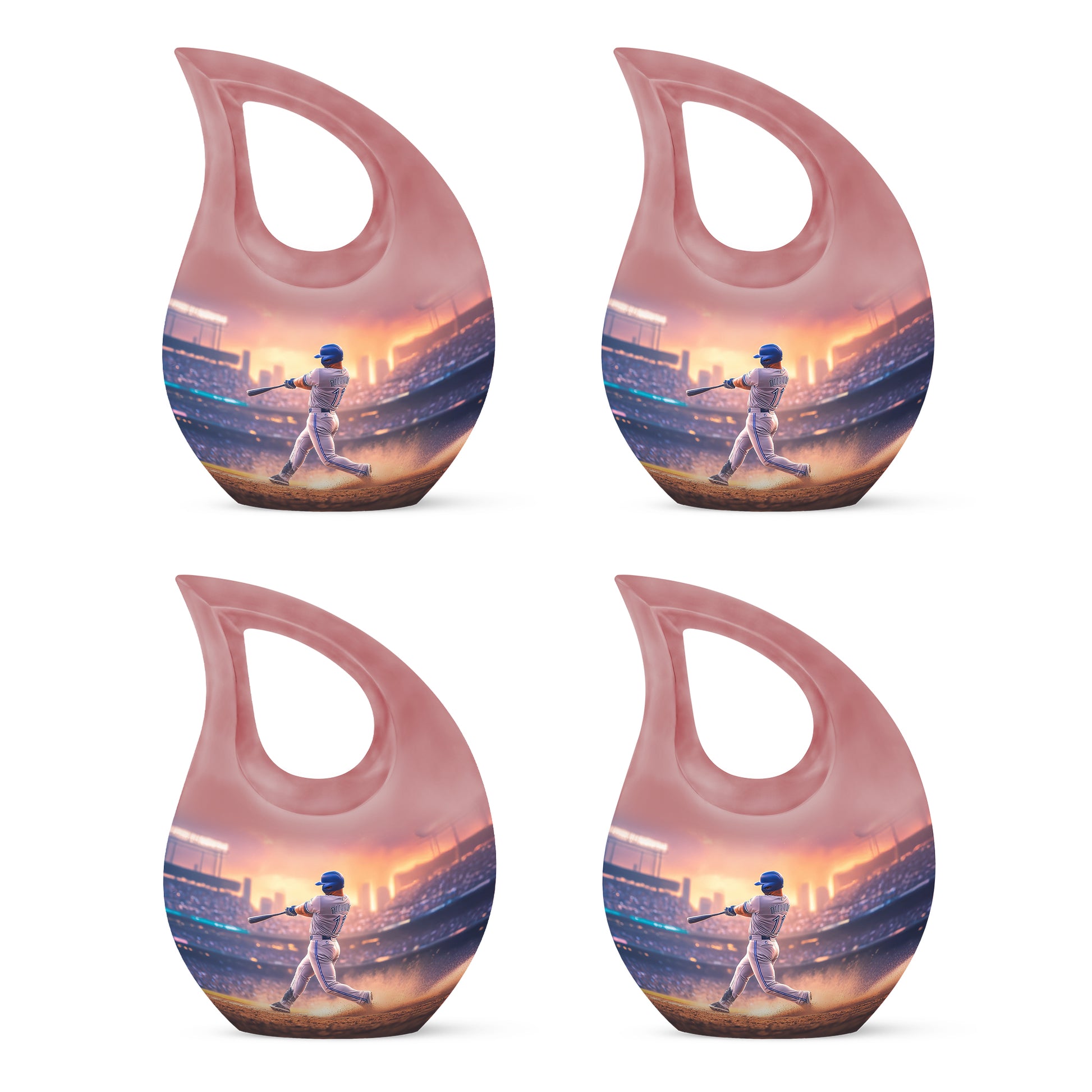 Salmon Pink Baseball Cremation Urn lifestyle display on memorial shelf - faith-inspired cross-drop urn with baseball pattern - 10 inch aluminum urn for cremated remains
