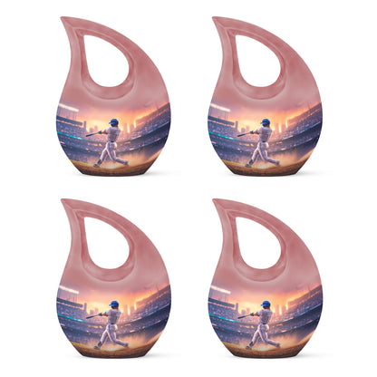 Salmon Pink Baseball Cremation Urn lifestyle display on memorial shelf - faith-inspired cross-drop urn with baseball pattern - 10 inch aluminum urn for cremated remains