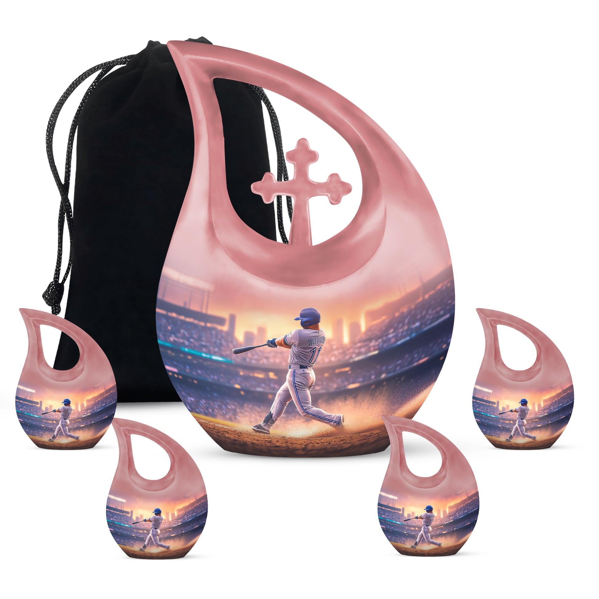 Vintage Pink Baseball Cremation Urn urn with complimentary velvet bag - devotional cross-drop baseball engraving - memorial set with one large and four small urns