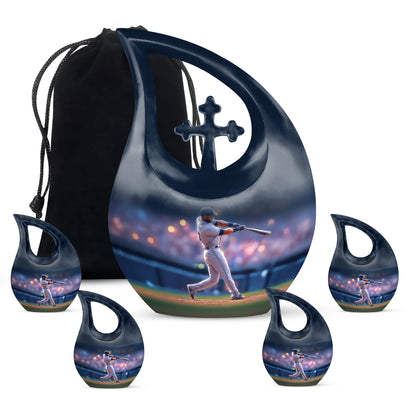 Pastel Blue Baseball Cremation Urn urn with complimentary velvet bag - cross and baseball combined in spiritual memorial design - memorial set with one large and four small urns