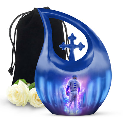 Azure Baseball Cremation Urn top-down view of secure threaded lid - sacred cross merged with baseball motif on metal - full-size 10 inch 200 cubic inch adult cremation urn