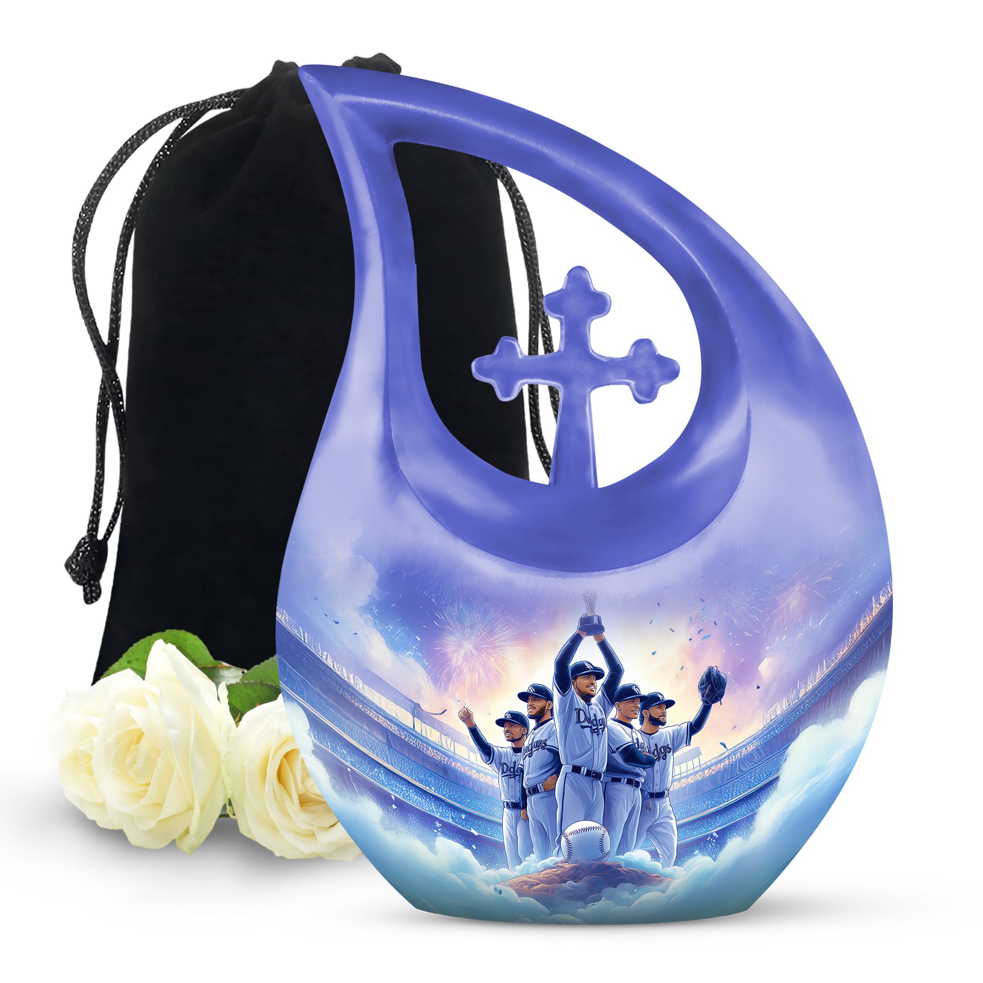 Lavender Purple Baseball Cremation Urn top-down view of secure threaded lid - devotional cross-drop baseball engraving - full-size 10 inch 200 cubic inch adult cremation urn