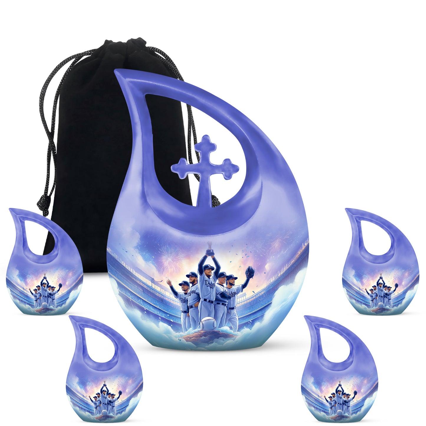 Majestic Purple Baseball Cremation Urn urn with complimentary velvet bag - sacred cross merged with baseball motif on metal - memorial set with one large and four small urns