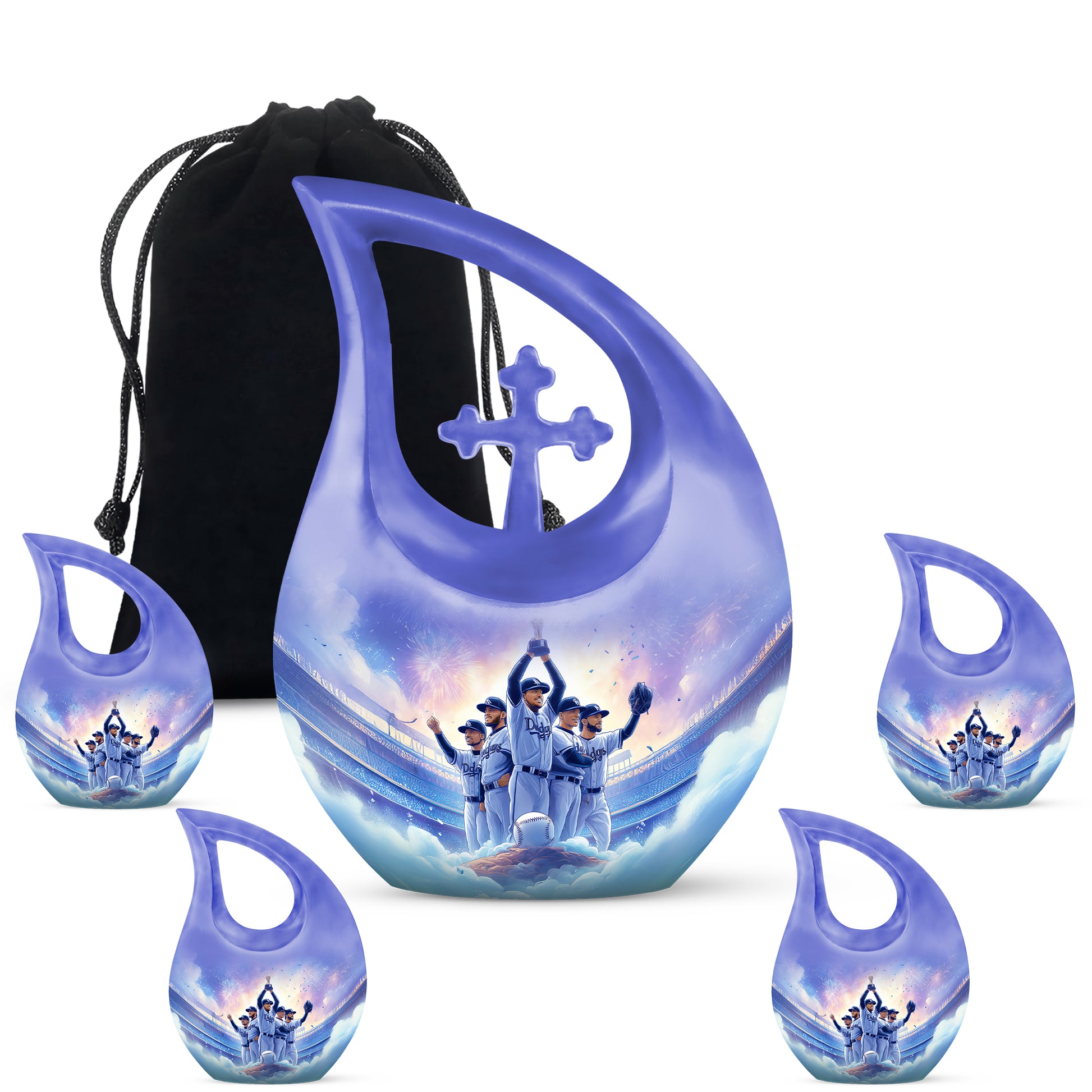 Majestic Purple Baseball Cremation Urn urn with complimentary velvet bag - sacred cross merged with baseball motif on metal - memorial set with one large and four small urns