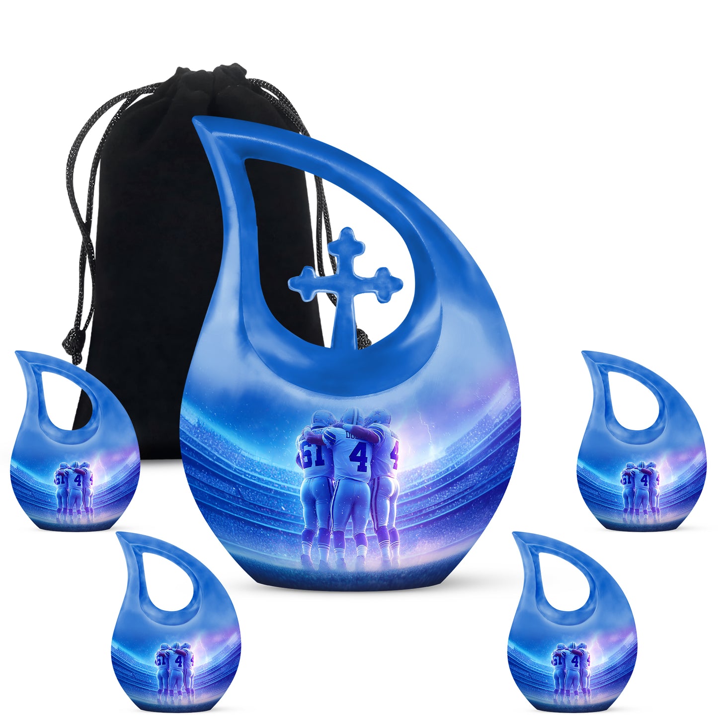 Bright Blue Baseball Cremation Urn urn with complimentary velvet bag - devotional cross-drop baseball engraving - memorial set with one large and four small urns