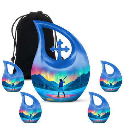 Azure Baseball Cremation Urn urn with complimentary velvet bag - cross and baseball combined in spiritual memorial design - memorial set with one large and four small urns