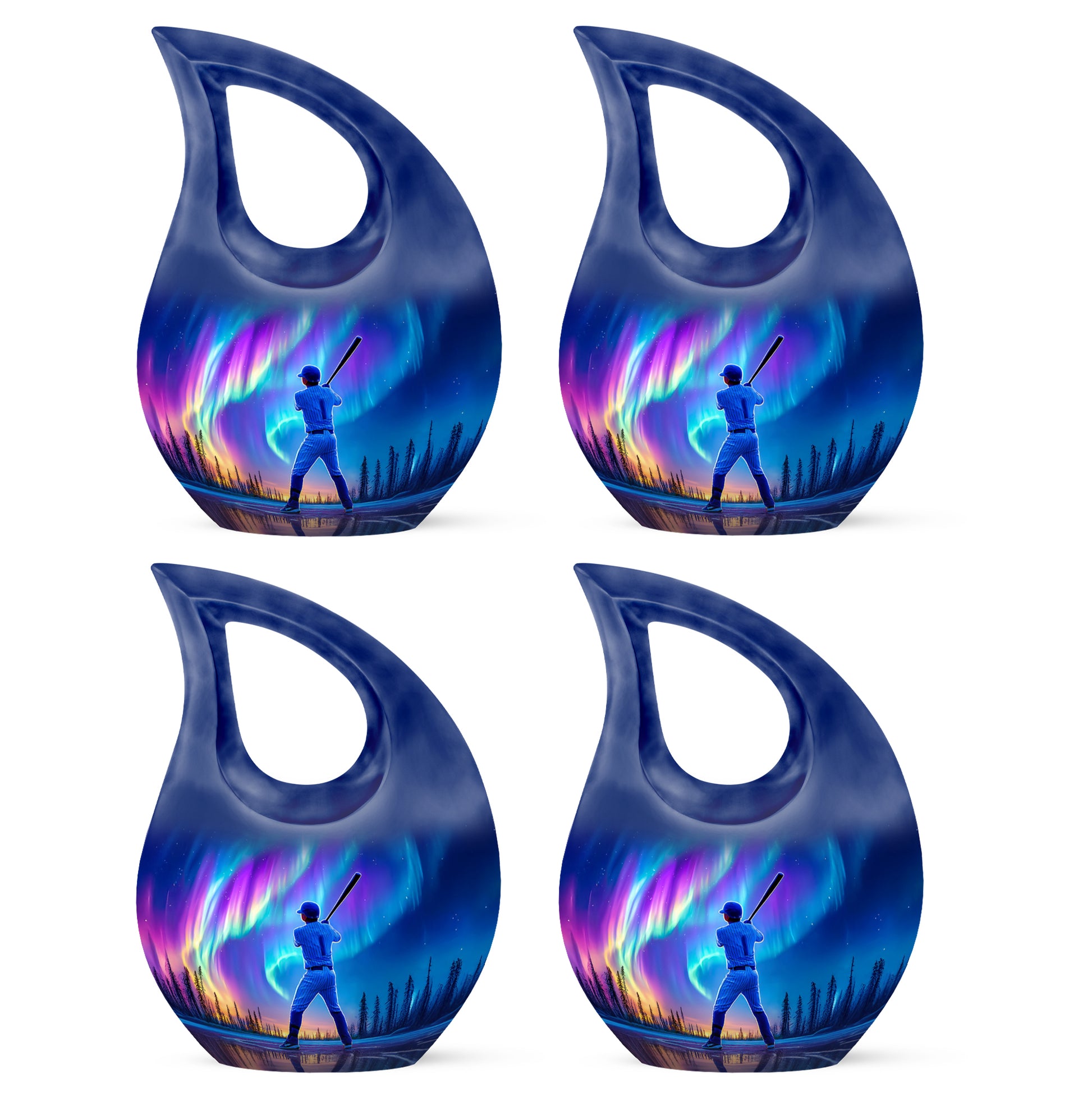Celestial Blue Baseball Cremation Urn lifestyle display on memorial shelf - sacred cross merged with baseball motif on metal - 10 inch aluminum urn for cremated remains