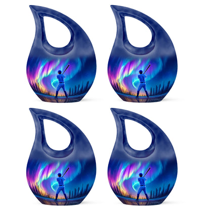 Celestial Blue Baseball Cremation Urn lifestyle display on memorial shelf - sacred cross merged with baseball motif on metal - 10 inch aluminum urn for cremated remains