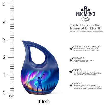 Sapphire Blue Baseball Cremation Urn back view with polished surface - devotional cross-drop baseball engraving - mini keepsake memorial for portion of cremation ashes
