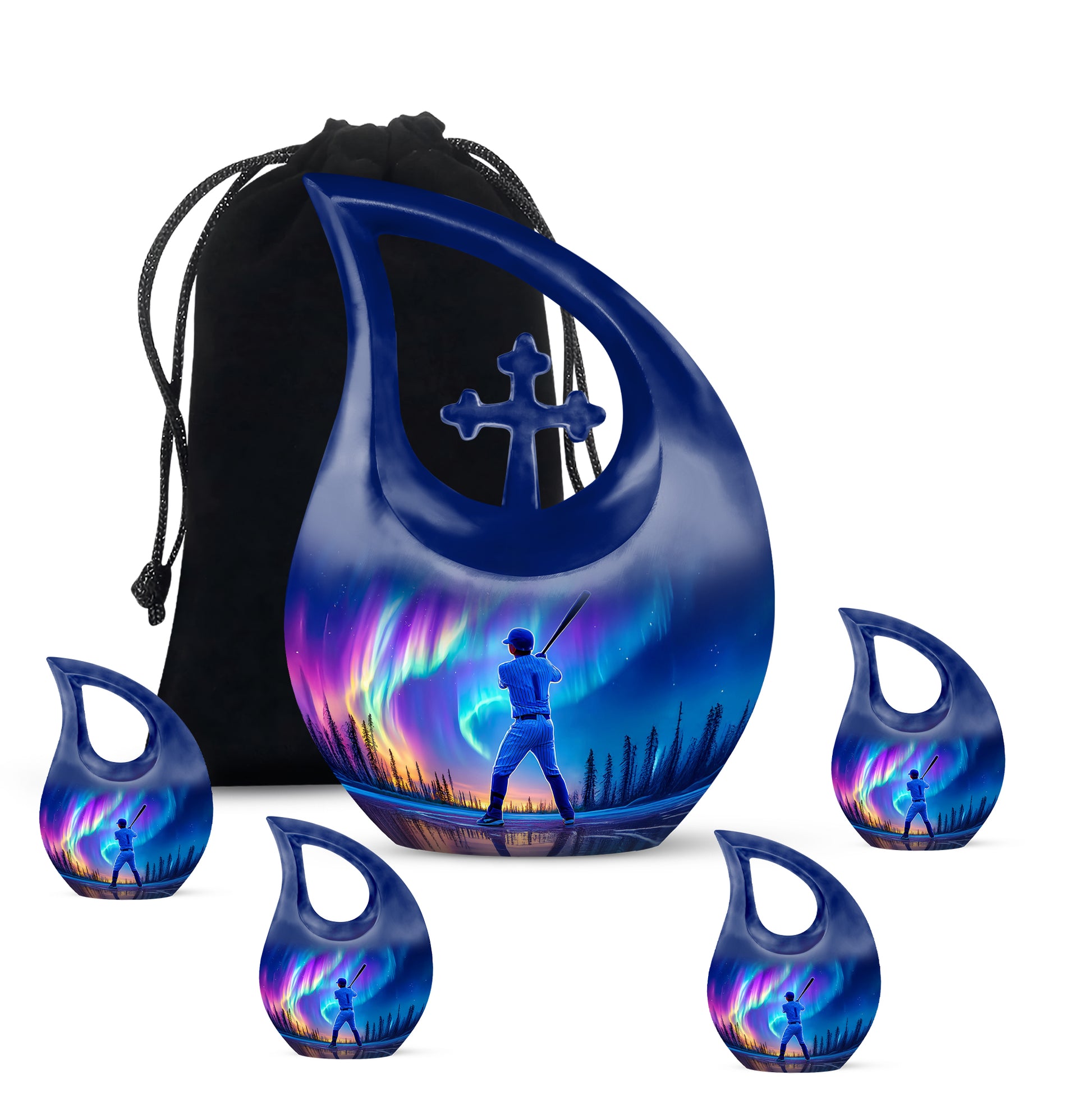 Soft Blue Baseball Cremation Urn urn with complimentary velvet bag - devotional cross-drop baseball engraving - memorial set with one large and four small urns
