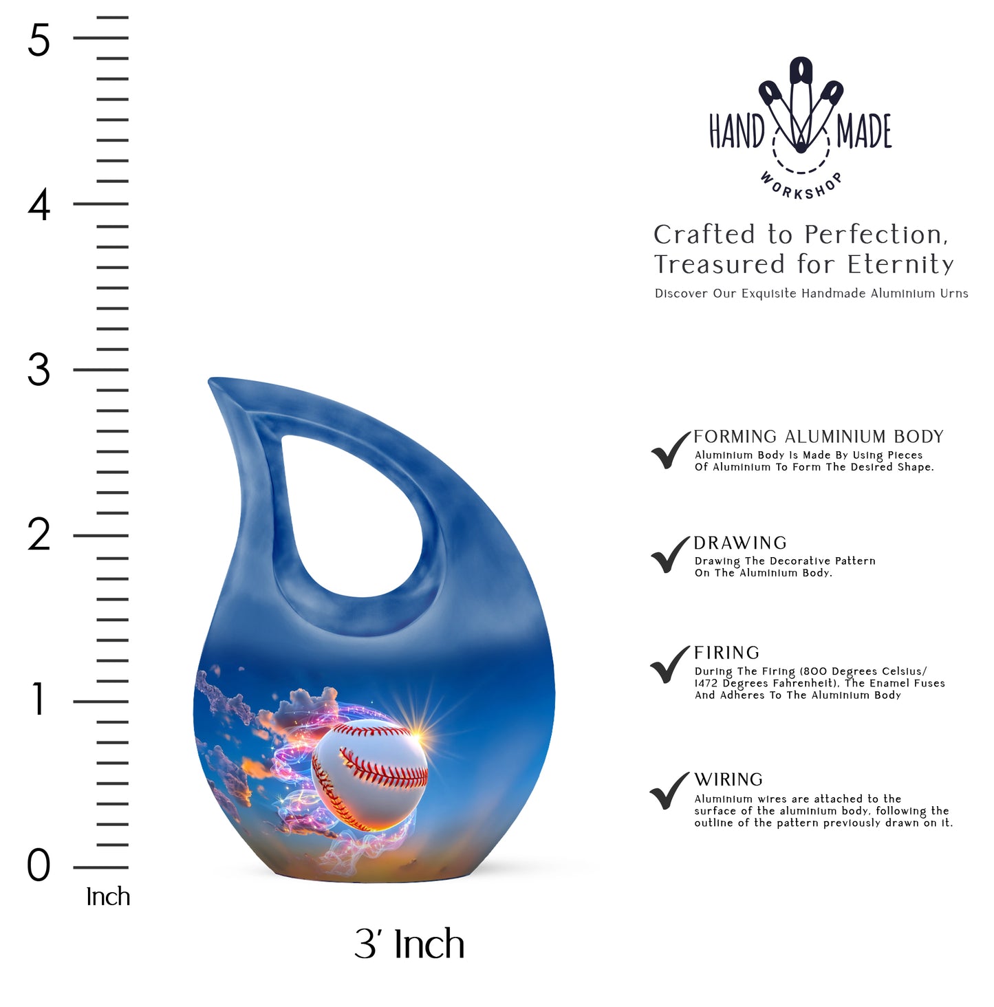 Sky Blue Baseball Cremation Urn back view with polished surface - sacred cross merged with baseball motif on metal - mini keepsake memorial for portion of cremation ashes