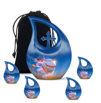 Sapphire Blue Baseball Cremation Urn urn with complimentary velvet bag - devotional cross-drop baseball engraving - memorial set with one large and four small urns