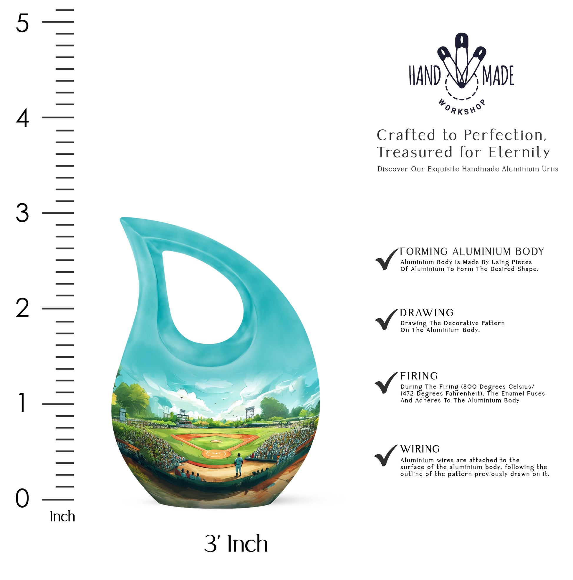 Aqua Teal Baseball Cremation Urn back view with polished surface - devotional cross-drop baseball engraving - mini keepsake memorial for portion of cremation ashes