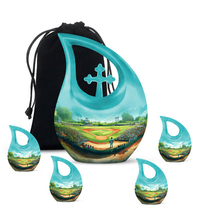 Sea Green Teal Baseball Cremation Urn urn with complimentary velvet bag - sacred cross merged with baseball motif on metal - memorial set with one large and four small urns