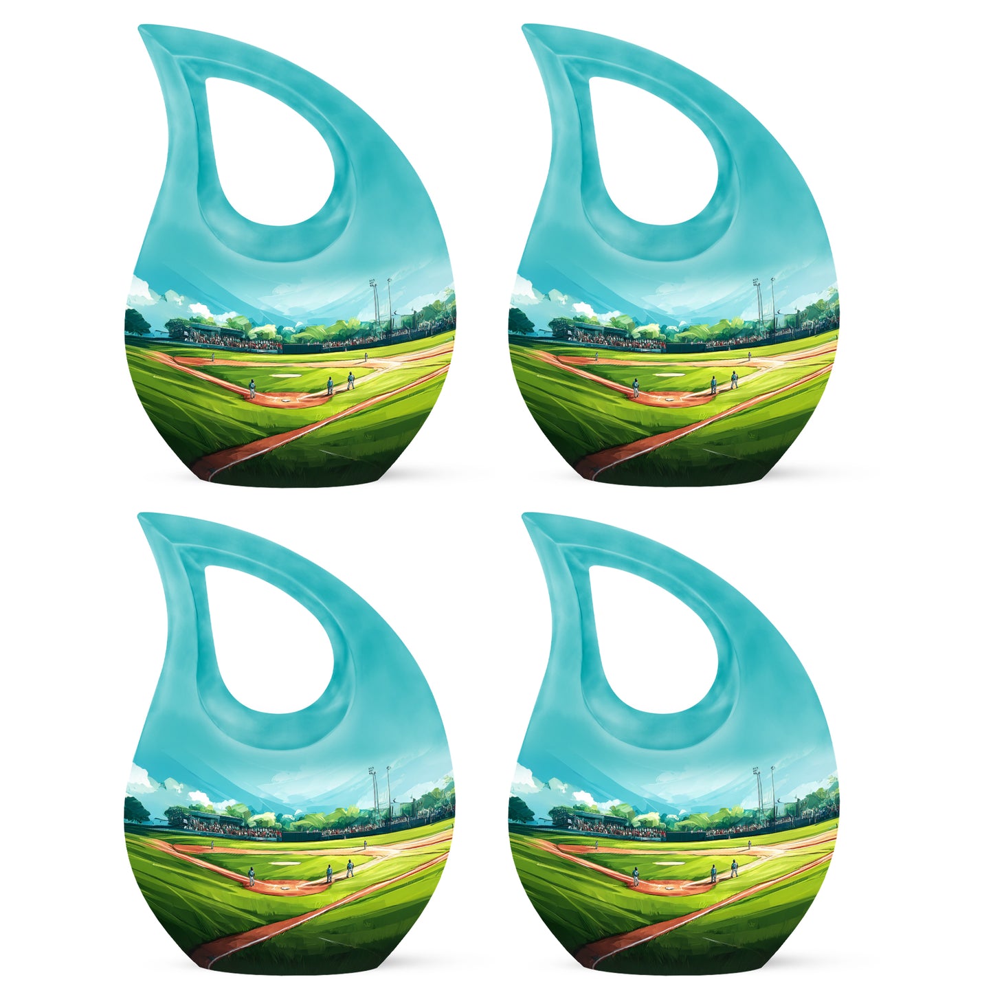 Cool Teal Baseball Cremation Urn lifestyle display on memorial shelf - sacred cross merged with baseball motif on metal - 10 inch aluminum urn for cremated remains