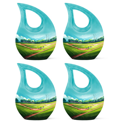 Cool Teal Baseball Cremation Urn lifestyle display on memorial shelf - sacred cross merged with baseball motif on metal - 10 inch aluminum urn for cremated remains