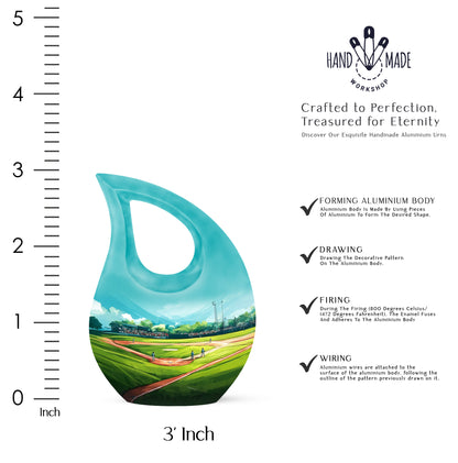 Vivid Teal Baseball Cremation Urn back view with polished surface - faith-inspired cross-drop urn with baseball pattern - mini keepsake memorial for portion of cremation ashes