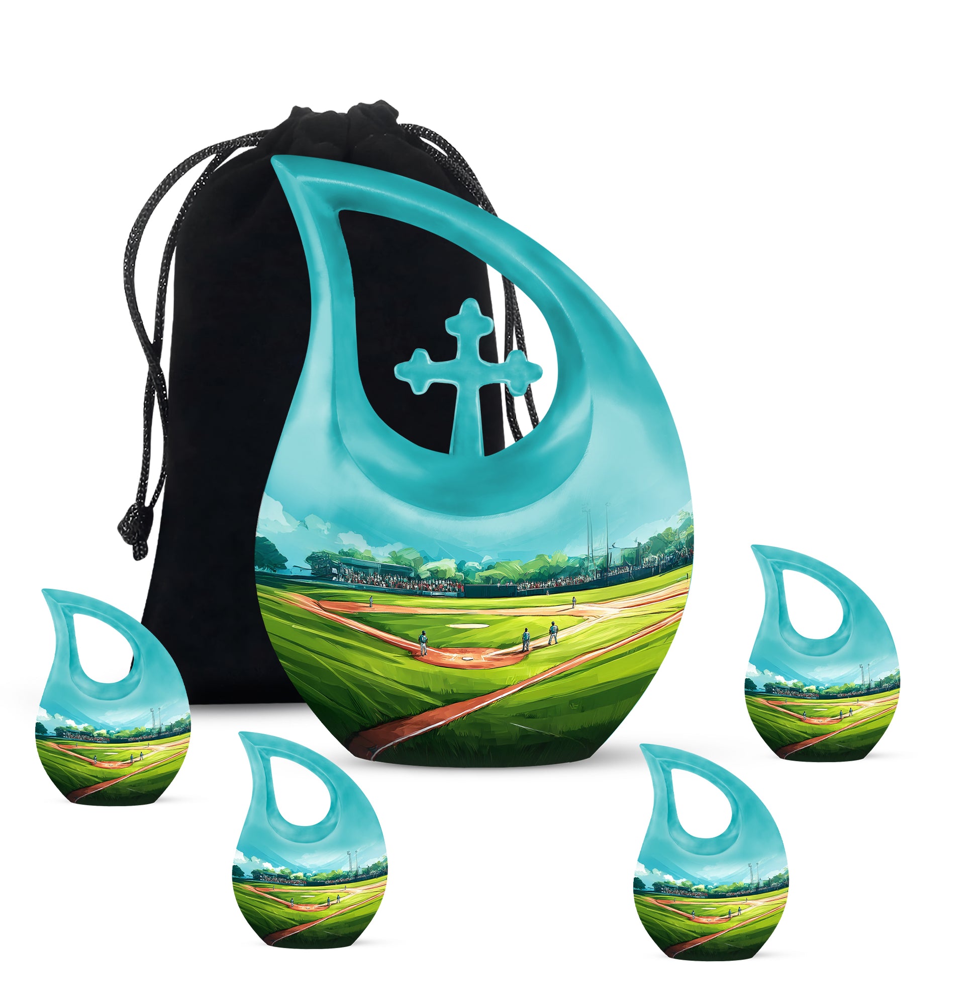 Jewel Teal Baseball Cremation Urn urn with complimentary velvet bag - cross and baseball combined in spiritual memorial design - memorial set with one large and four small urns