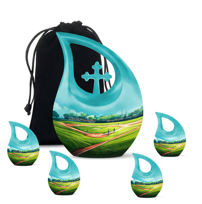 Jewel Teal Baseball Cremation Urn urn with complimentary velvet bag - cross and baseball combined in spiritual memorial design - memorial set with one large and four small urns