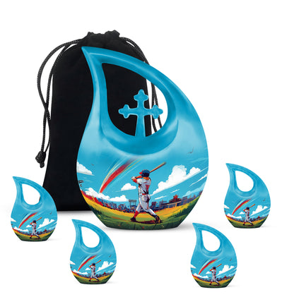 Soft Teal Baseball Cremation Urn urn with complimentary velvet bag - sacred cross merged with baseball motif on metal - memorial set with one large and four small urns