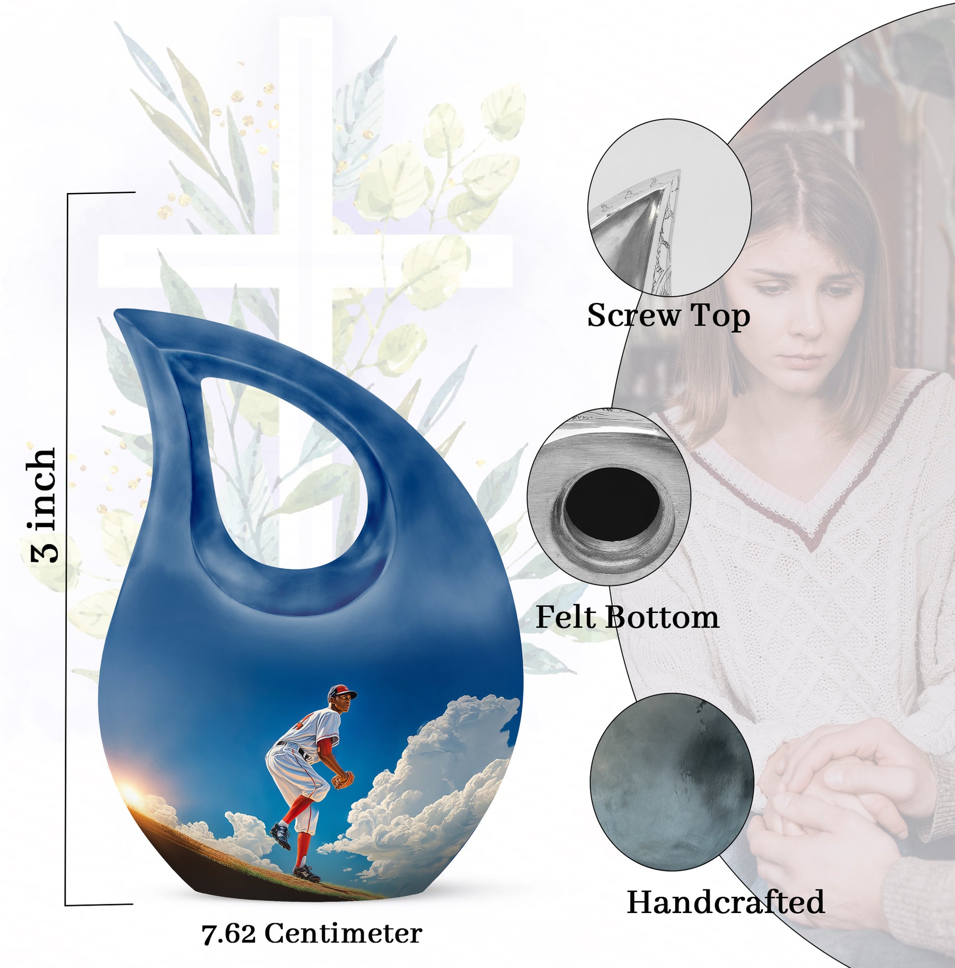 Misty Blue Baseball Cremation Urn back view with polished surface - cross and baseball combined in spiritual memorial design - mini keepsake memorial for portion of cremation ashes