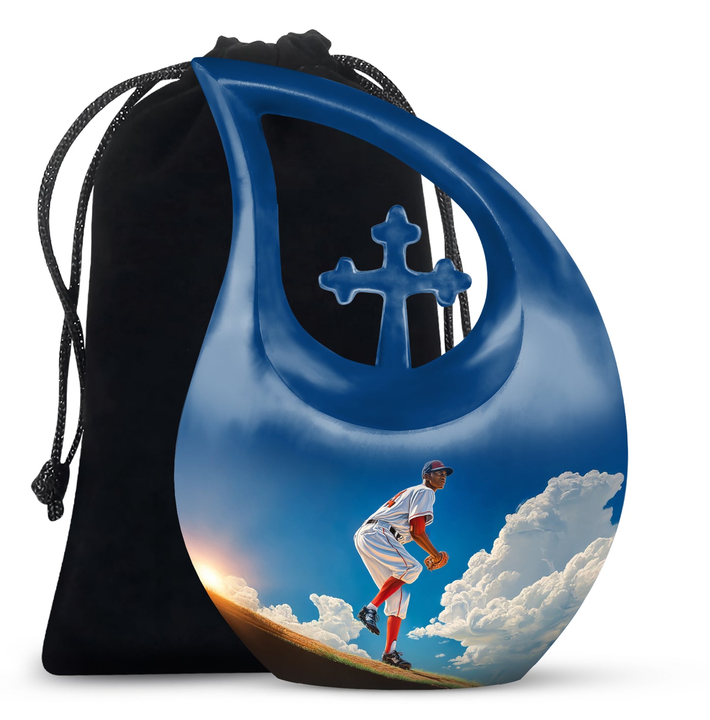Misty Blue Baseball Cremation Urn top-down view of secure threaded lid - cross and baseball combined in spiritual memorial design - full-size 10 inch 200 cubic inch adult cremation urn