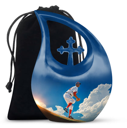 Misty Blue Baseball Cremation Urn top-down view of secure threaded lid - cross and baseball combined in spiritual memorial design - full-size 10 inch 200 cubic inch adult cremation urn