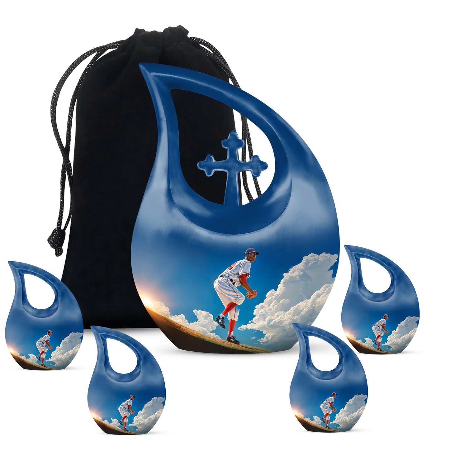 Sky Blue Baseball Cremation Urn urn with complimentary velvet bag - sacred cross merged with baseball motif on metal - memorial set with one large and four small urns