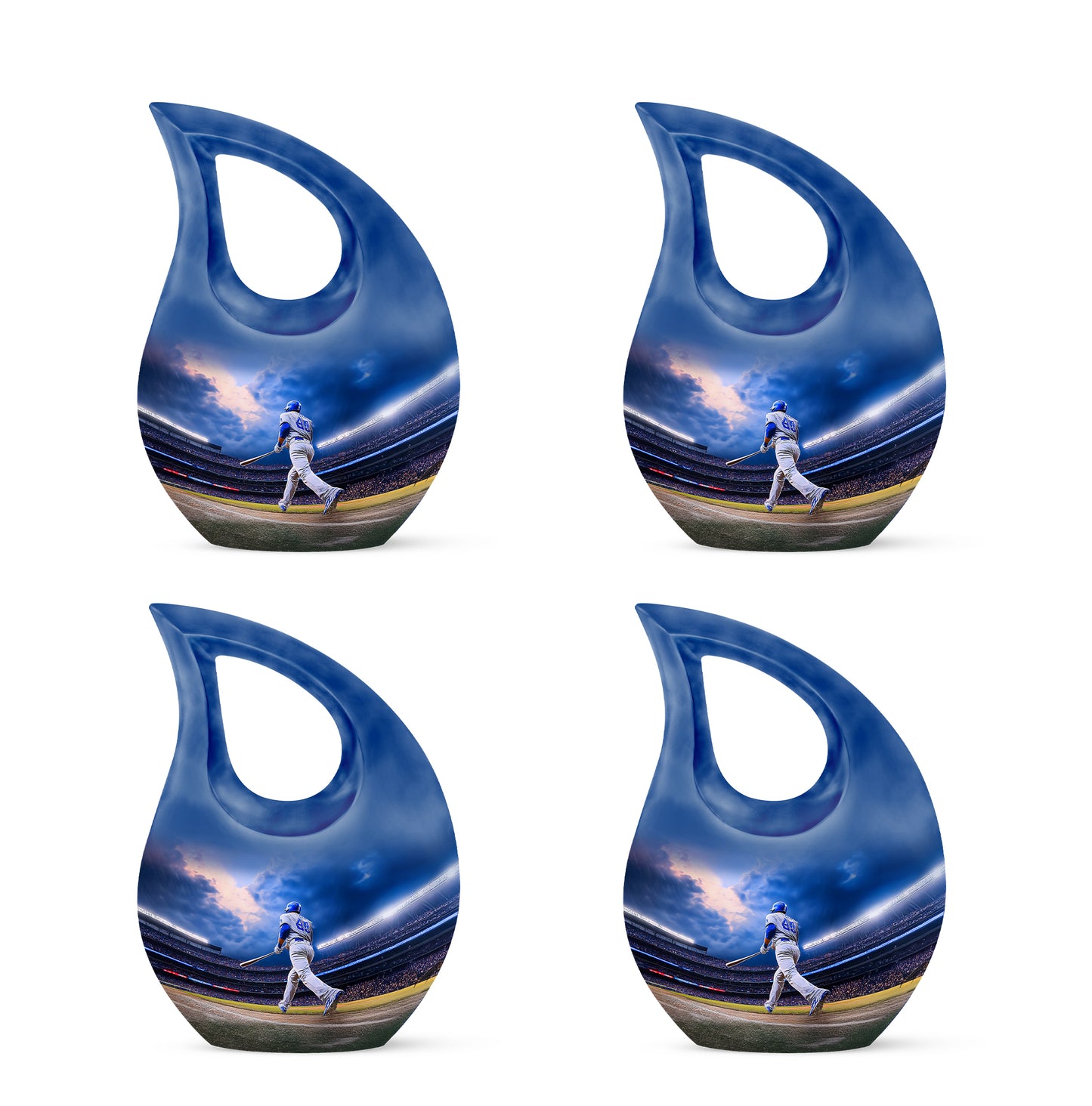 Cornflower Blue Baseball Cremation Urn lifestyle display on memorial shelf - devotional cross-drop baseball engraving - 10 inch aluminum urn for cremated remains