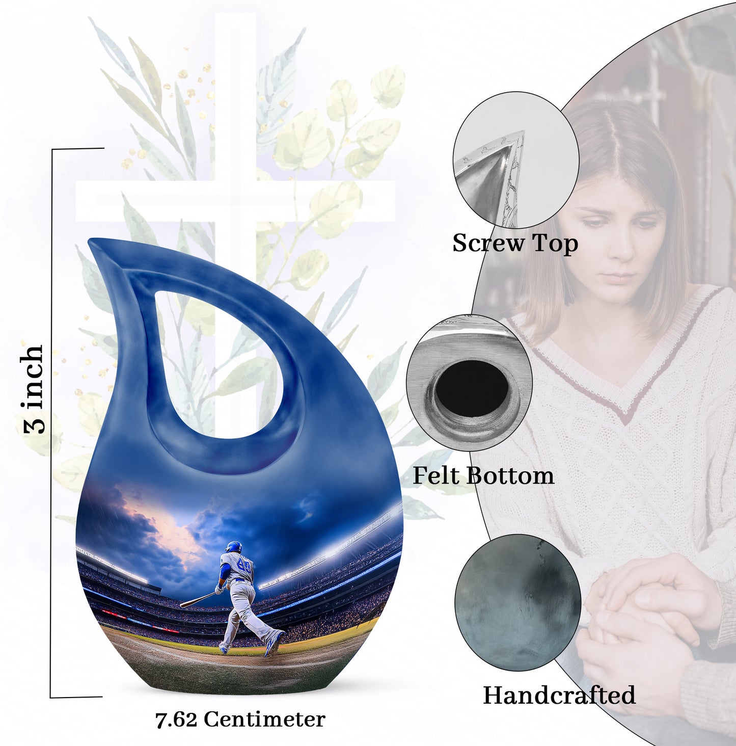 Serene Blue Baseball Cremation Urn back view with polished surface - devotional cross-drop baseball engraving - mini keepsake memorial for portion of cremation ashes