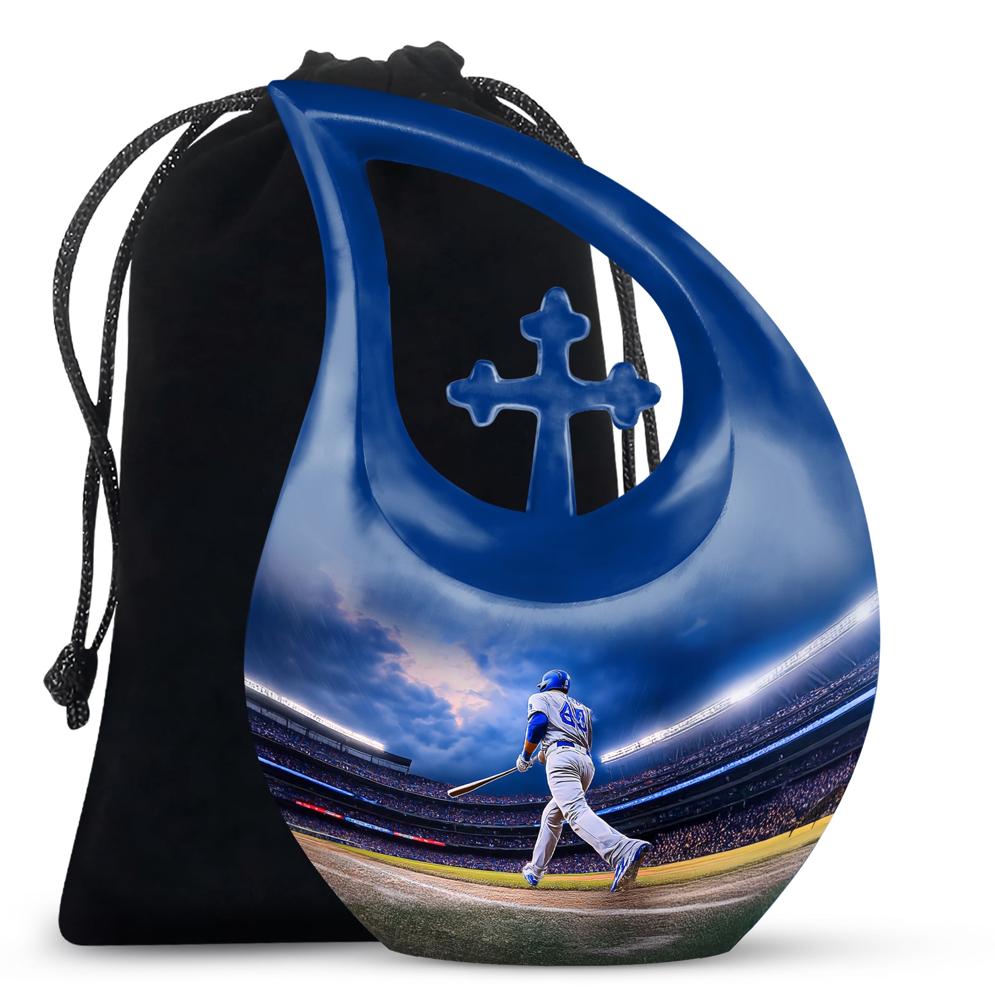 Twilight Blue Baseball Cremation Urn top-down view of secure threaded lid - devotional cross-drop baseball engraving - full-size 10 inch 200 cubic inch adult cremation urn
