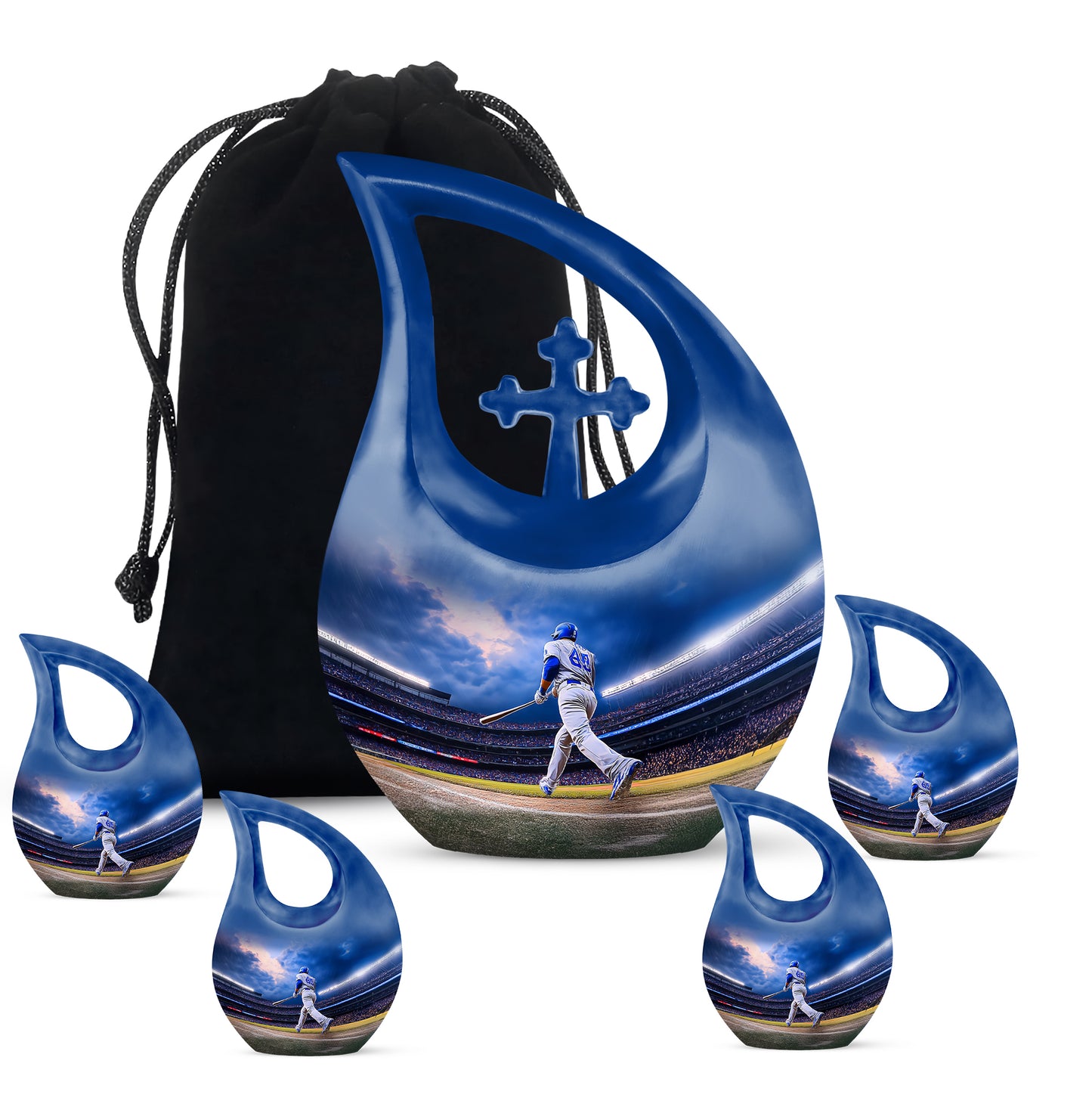 Twilight Blue Baseball Cremation Urn urn with complimentary velvet bag - devotional cross-drop baseball engraving - memorial set with one large and four small urns