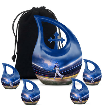 Twilight Blue Baseball Cremation Urn urn with complimentary velvet bag - devotional cross-drop baseball engraving - memorial set with one large and four small urns