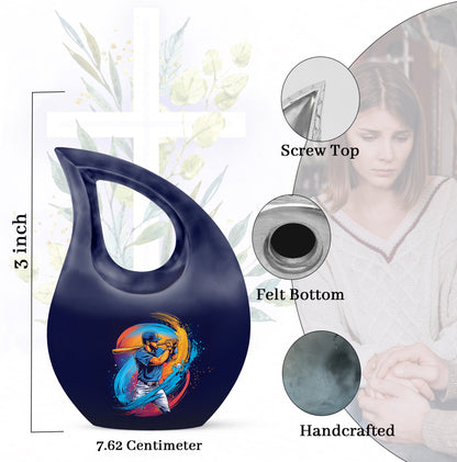 Cornflower Blue Baseball Cremation Urn back view with polished surface - faith-inspired cross-drop urn with baseball pattern - mini keepsake memorial for portion of cremation ashes